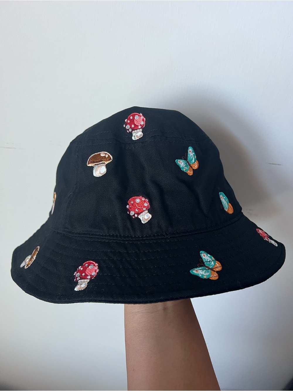 Black Embroidered Mushroom & Butterfly Bucket Hat